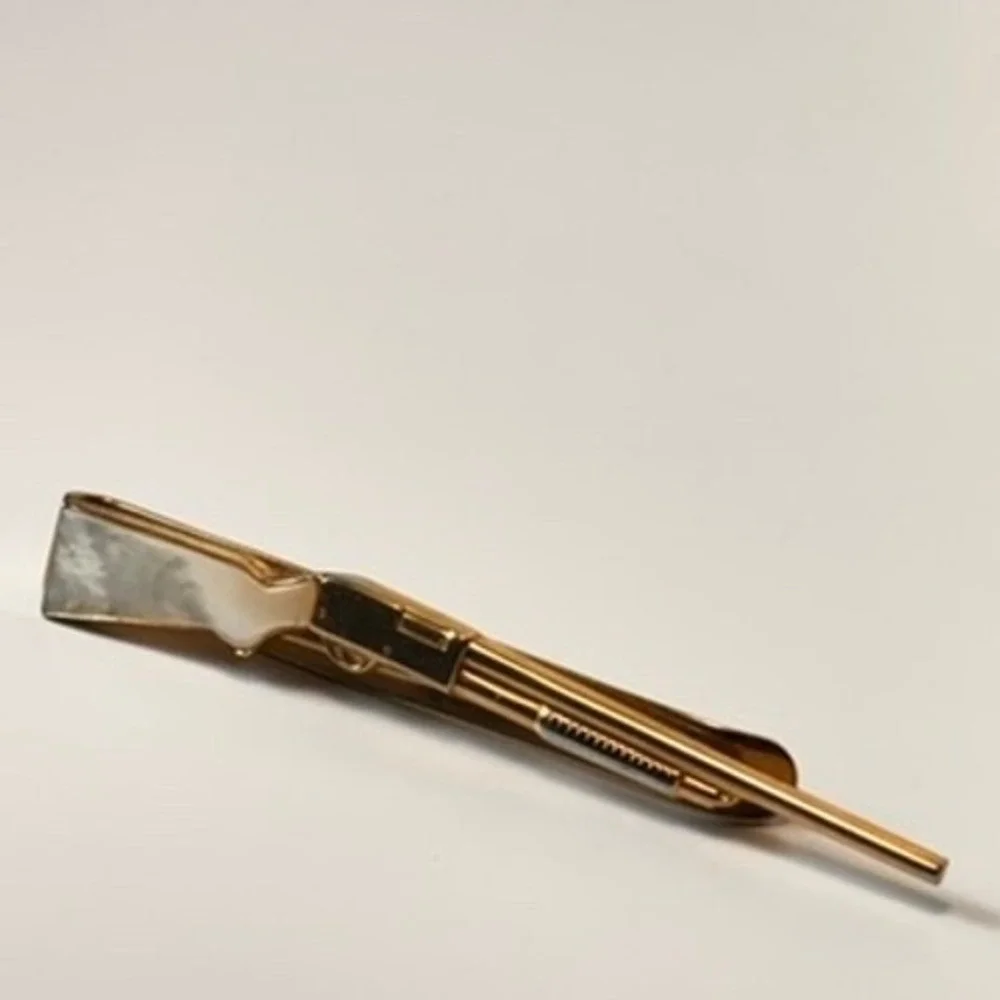 Vintage Rifle Tie Clip Gold Tone Mother of Pearl Inlay Western Goth Boho Chic